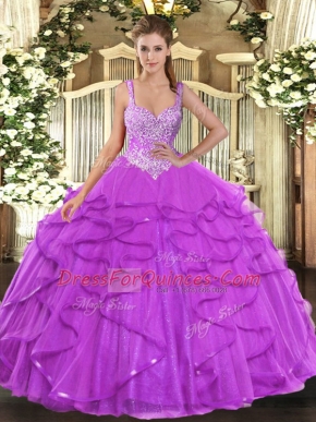 Top Selling Eggplant Purple Lace Up Quinceanera Dresses Beading and Ruffles Sleeveless Floor Length
