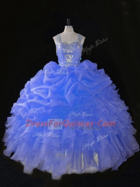Customized Blue Organza Zipper Straps Sleeveless Floor Length 15 Quinceanera Dress Beading and Ruffles