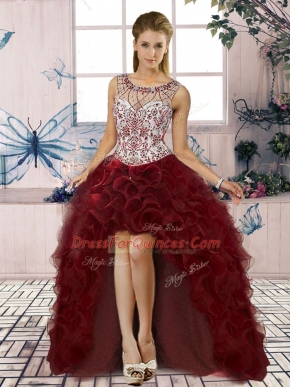 Adorable Burgundy A-line Scoop Sleeveless Organza High Low Lace Up Beading and Ruffles Evening Dress