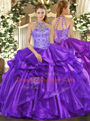 Ball Gowns Quinceanera Dresses Purple Halter Top Organza Sleeveless Floor Length Lace Up