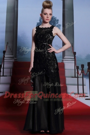 Scoop Floor Length Black Prom Party Dress Satin Sleeveless Beading and Lace and Hand Made Flower