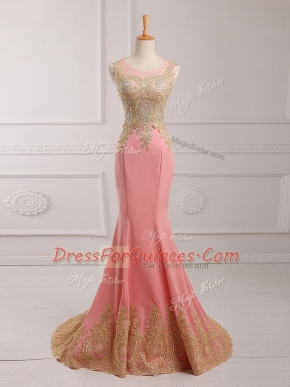 Admirable Watermelon Red Sleeveless Brush Train Lace and Appliques Homecoming Dress