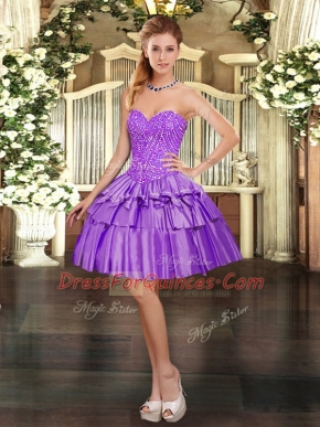 Luxury Eggplant Purple Lace Up Dress for Prom Beading and Ruffled Layers Sleeveless Mini Length