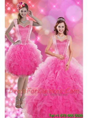 2015 New Styles Hot Pink Quinceanera Dresses with Beading and Ruffles