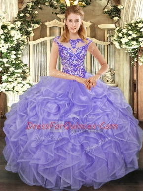 Modest Ball Gowns Quinceanera Dresses Lavender Scoop Organza Cap Sleeves Floor Length Lace Up
