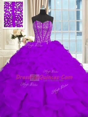 Organza Sweetheart Sleeveless Brush Train Lace Up Beading and Ruffles Quinceanera Dress in Eggplant Purple