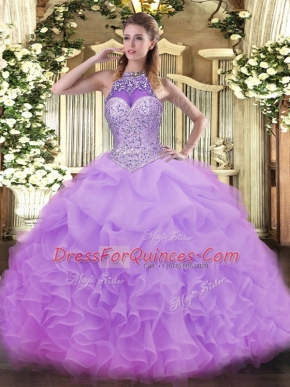 Beading and Ruffles and Pick Ups 15th Birthday Dress Lavender Lace Up Sleeveless Floor Length