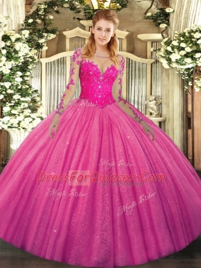 Hot Pink Long Sleeves Floor Length Lace Lace Up 15 Quinceanera Dress