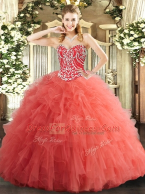 Floor Length Lace Up Quinceanera Gown Watermelon Red for Military Ball and Sweet 16 and Quinceanera with Beading and Ruffles
