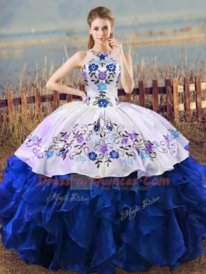 Extravagant Blue And White Halter Top Neckline Embroidery and Ruffles Quinceanera Dresses Sleeveless Lace Up