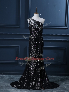 Trendy Backless Dress for Prom Black for Prom and Party and Military Ball with Beading Brush Train