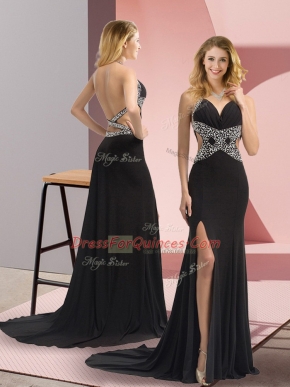Deluxe Black Column/Sheath Halter Top Sleeveless Chiffon Sweep Train Backless Beading Evening Dress