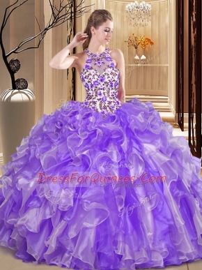 Floor Length Lavender Quince Ball Gowns Scoop Sleeveless Backless