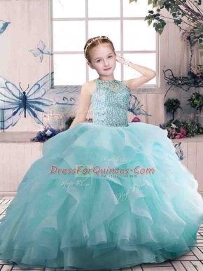 Latest Floor Length Aqua Blue Kids Pageant Dress Organza Sleeveless Beading and Ruffles