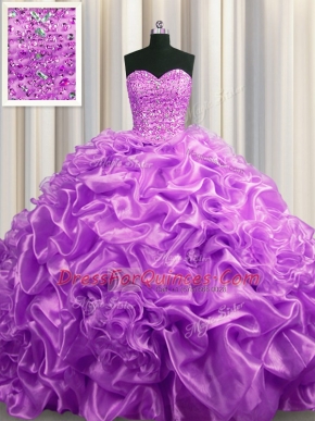 Lilac Sweet 16 Dress Military Ball and Sweet 16 and Quinceanera and For with Beading and Pick Ups Sweetheart Sleeveless Court Train Lace Up