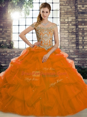 Extravagant Rust Red Tulle Lace Up Off The Shoulder Sleeveless Sweet 16 Dress Brush Train Beading and Pick Ups