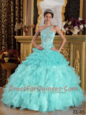 One Shoulder Spring Quinceanera Dresses 2014 Ball Gown Satin and Organza Baby Blue Lace-up