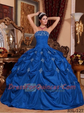 Taffeta Appliques Strapless Pick Ups Ball Gown Dress in Blue