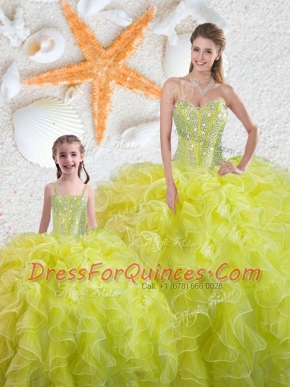 Yellow Green Organza Lace Up Sweetheart Sleeveless Floor Length Vestidos de Quinceanera Beading and Ruffles