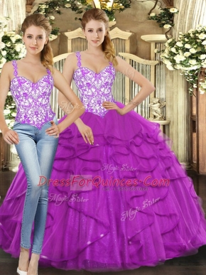 Fuchsia Lace Up Vestidos de Quinceanera Beading and Ruffles Sleeveless Floor Length