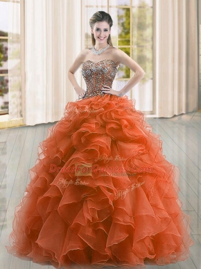Lovely Rust Red Sleeveless Floor Length Beading and Ruffles Lace Up 15th Birthday Dress