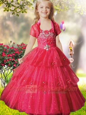 Ball Gown Spaghetti Straps Little Girl Pageant Dress with Sequins Appliques Ruffled layers in Red