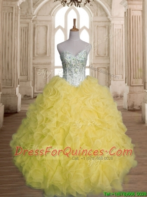 Discount Beaded and Ruffled Organza Quinceanera Dress in Yellow