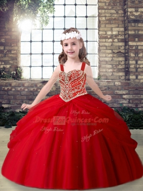 Latest Floor Length Red Kids Pageant Dress Tulle Sleeveless Beading