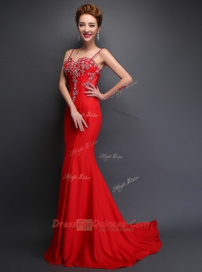 Mermaid Red Satin Zipper Spaghetti Straps Sleeveless With Train Evening Dress Brush Train Beading