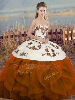 Sleeveless Tulle Floor Length Lace Up Quince Ball Gowns in Rust Red with Embroidery and Ruffles and Bowknot