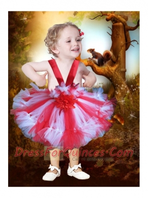 Red and White Tulle Straps The Super Hot Little Girl Dress with Hand Made Flowers