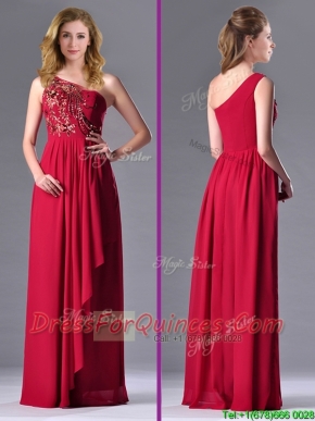 Fashionable Empire One Shoulder Sequins Red Dama Dress with Side Zipper