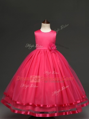Hot Pink Ball Gowns Hand Made Flower Flower Girl Dresses Zipper Tulle Sleeveless Floor Length