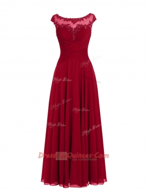 Floor Length Wine Red Homecoming Dress Scoop Cap Sleeves Zipper