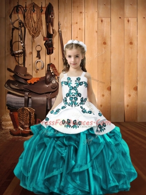 Floor Length Ball Gowns Sleeveless Teal Little Girls Pageant Gowns Lace Up