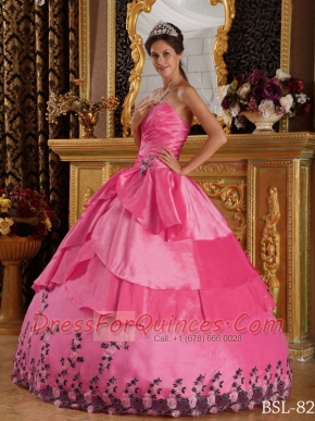 Sweetheart Ball Gown Taffeta Hot Pink Appliques Spring Quinceanera Dresses 2014