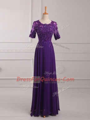 Dazzling Purple Empire Lace and Appliques Prom Dresses Zipper Chiffon Half Sleeves Floor Length