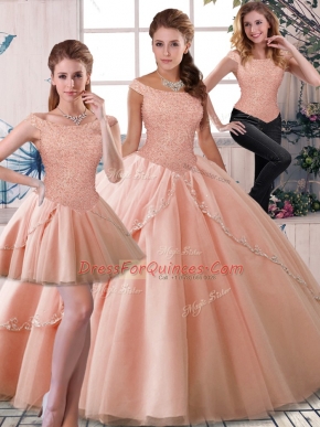 Peach Sleeveless Beading Lace Up Quinceanera Dress