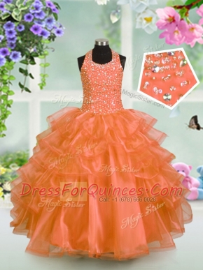 Captivating Ruffled Floor Length Orange Little Girls Pageant Dress Halter Top Sleeveless Lace Up