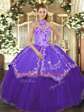 Sumptuous Beading and Embroidery 15th Birthday Dress Purple Lace Up Sleeveless Floor Length