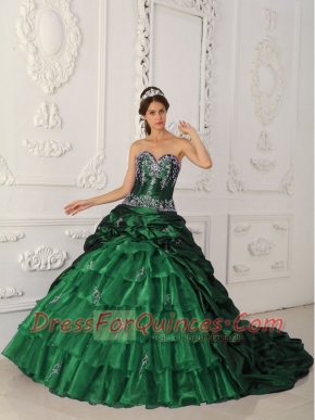 Sweetheart Dark Green Taffeta and Organza Appliques and Beading Embroidery Best Quinceanera Dresses