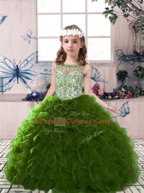 Perfect Floor Length Olive Green Kids Formal Wear Organza Sleeveless Beading and Ruffles