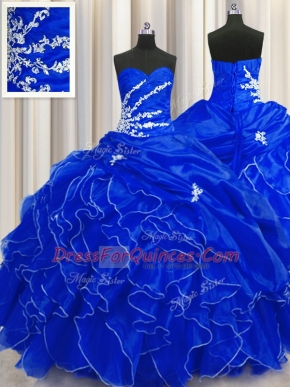 Sexy Royal Blue Ball Gowns Sweetheart Sleeveless Organza Floor Length Lace Up Beading and Appliques and Ruffles Quinceanera Dresses