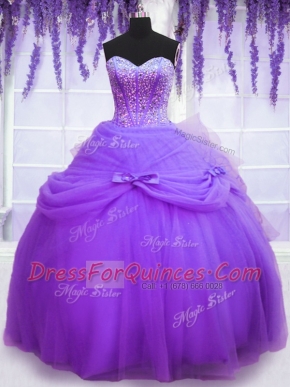 Top Selling Sleeveless Tulle Floor Length Lace Up Sweet 16 Dresses in Lavender with Beading and Bowknot