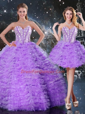 Floor Length Lavender Sweet 16 Dress Organza Sleeveless Beading and Ruffled Layers