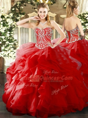Edgy Ball Gowns Quince Ball Gowns Red Sweetheart Organza Sleeveless Floor Length Lace Up