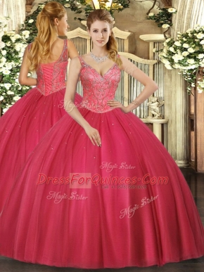 Beading 15 Quinceanera Dress Red Lace Up Sleeveless Floor Length