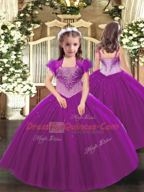 Floor Length Ball Gowns Sleeveless Fuchsia Girls Pageant Dresses Lace Up