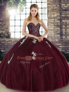 Burgundy Sleeveless Floor Length Beading and Appliques Lace Up Quince Ball Gowns