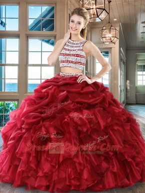 Scoop Backless Floor Length Wine Red Quince Ball Gowns Organza Sleeveless Beading and Ruffles and Pick Ups